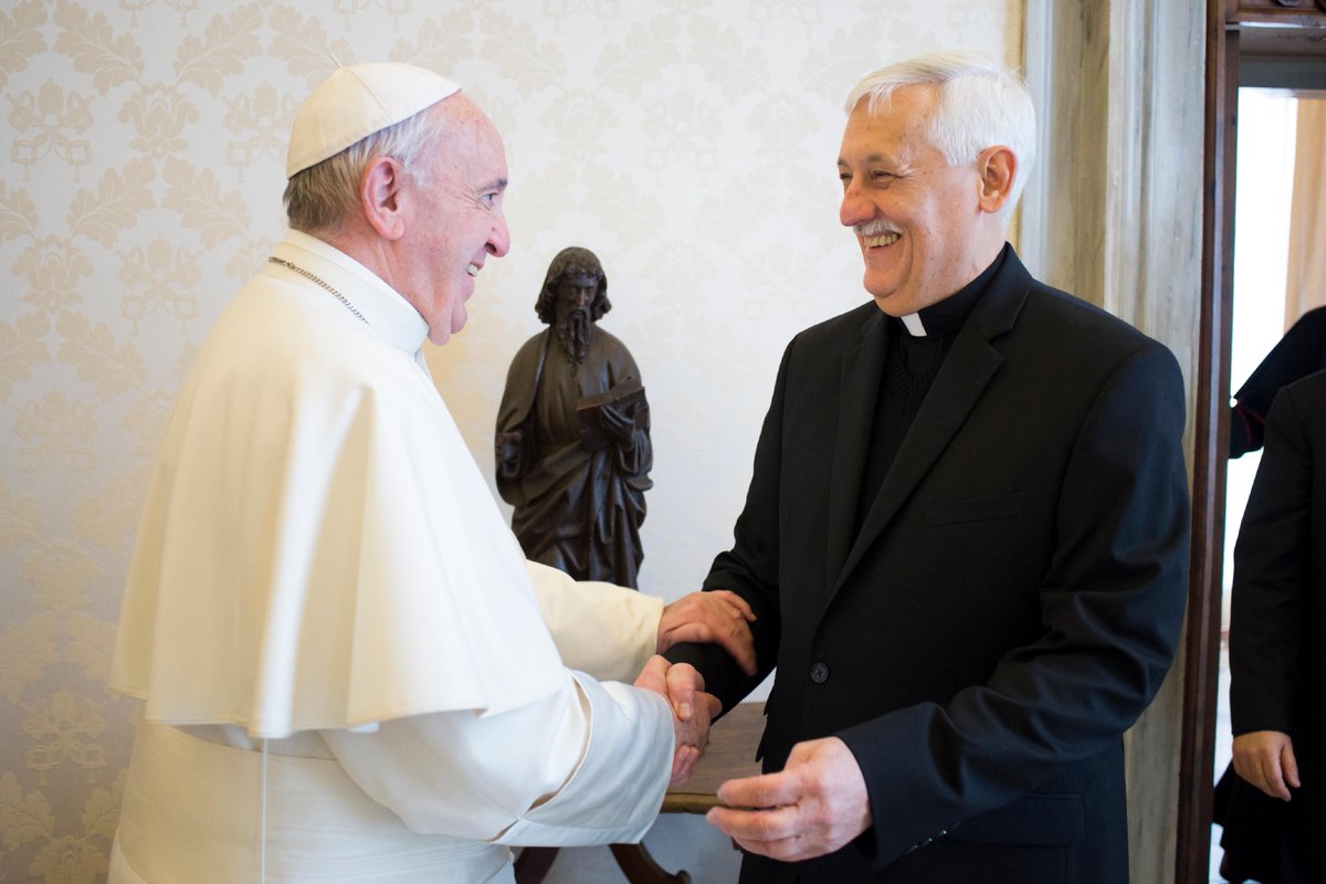 JamesMartinSJ's tweet photo. Too good not to share: Pope Francis and the new Jesuit Superior General Arturo Sosa, SJ, at a meeting with @civcatt on Feb. 9 at the Vatican https://t.co/2Vn4hEh4FO