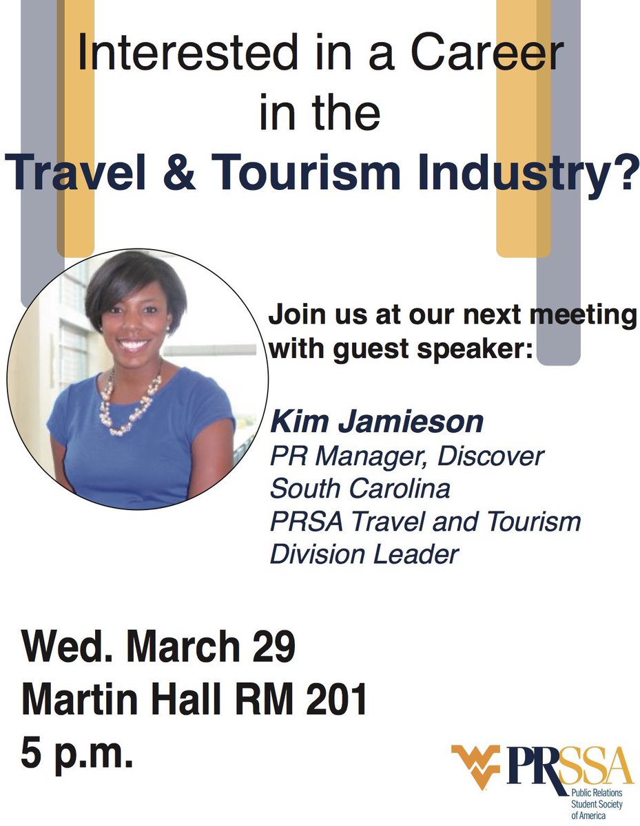 wvuprssa's tweet photo. Interested in the travel and tourism industry? Join us tomorrow at 5 p.m. in Martin 201! https://t.co/A0N4vn8SwL