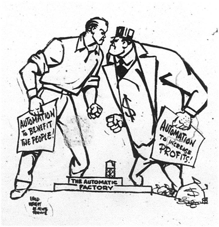 JohnClke's tweet image. 1955 cartoon shows #robotfuture has been an issue for a while and the real issue is who owns and controls the robots