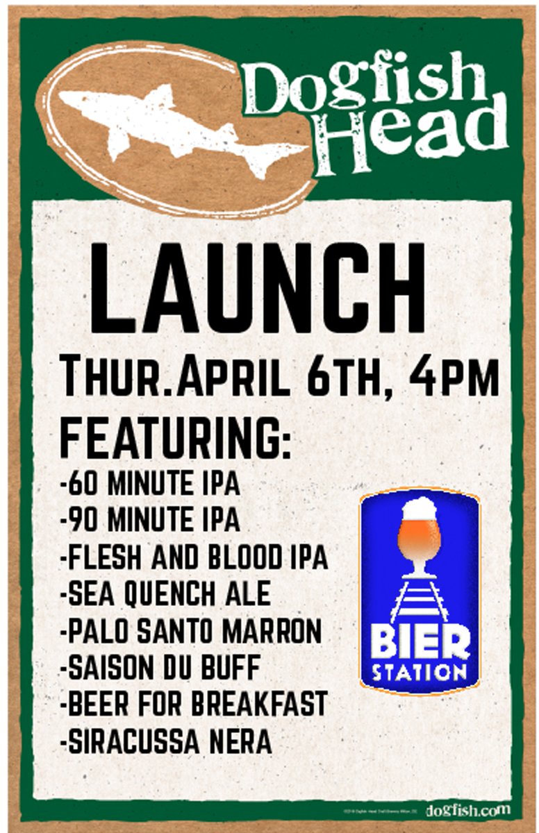 csbev's tweet photo. KC, let's make this official: Join us @BierStation 4/6 at 4p for the launch of @dogfishbeer! #dfb2kc #OffCenteredKC https://t.co/DOUIgjfWo3 https://t.co/BT7r2eVuq6