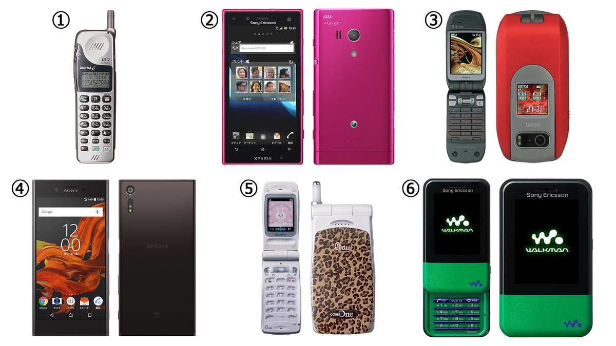 Au V Twitter 歴代携帯電話並び替えクイズ 画像内に並んでいる携帯電話6機種を 発売が古いほうから順番に並び替えてください 答えはリプライで教えてくださいね ヒントは 95年 00年 04年 08年 12年 16年の順番です