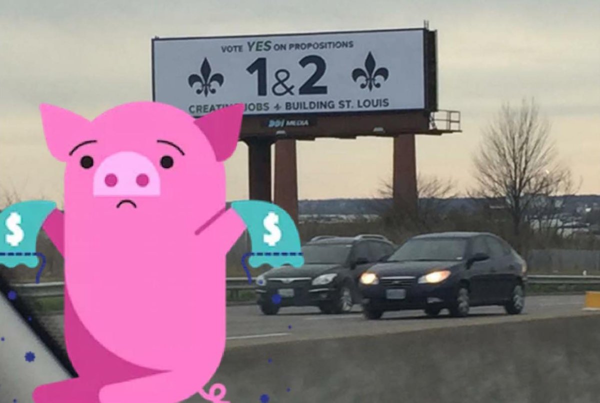 MoneyPig_STL's tweet photo. "Billboards all over our city!!" cries Money Pig on their travels home. "PLZ, talk w/ your friends about voting #NoProp2." #MLS2STL https://t.co/KhvdaPH0ve