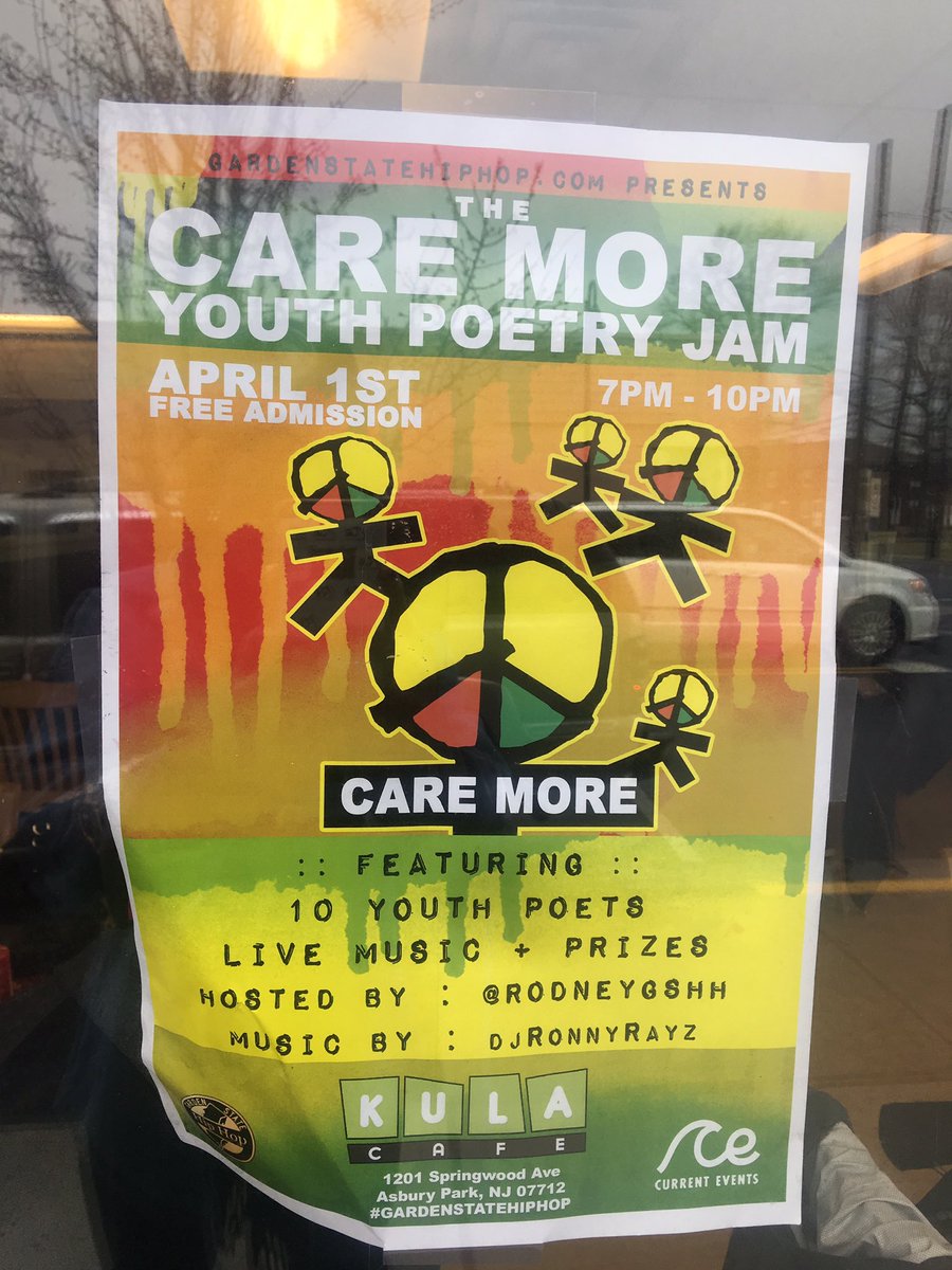 TheParkNJ's tweet photo. This Saturday night in #AsburyPark FREE Youth Poetry Jam @kulacafeasbury 7PM everyone is welcome! Young poets and live music! #CareMore https://t.co/RHxcz0xAVw