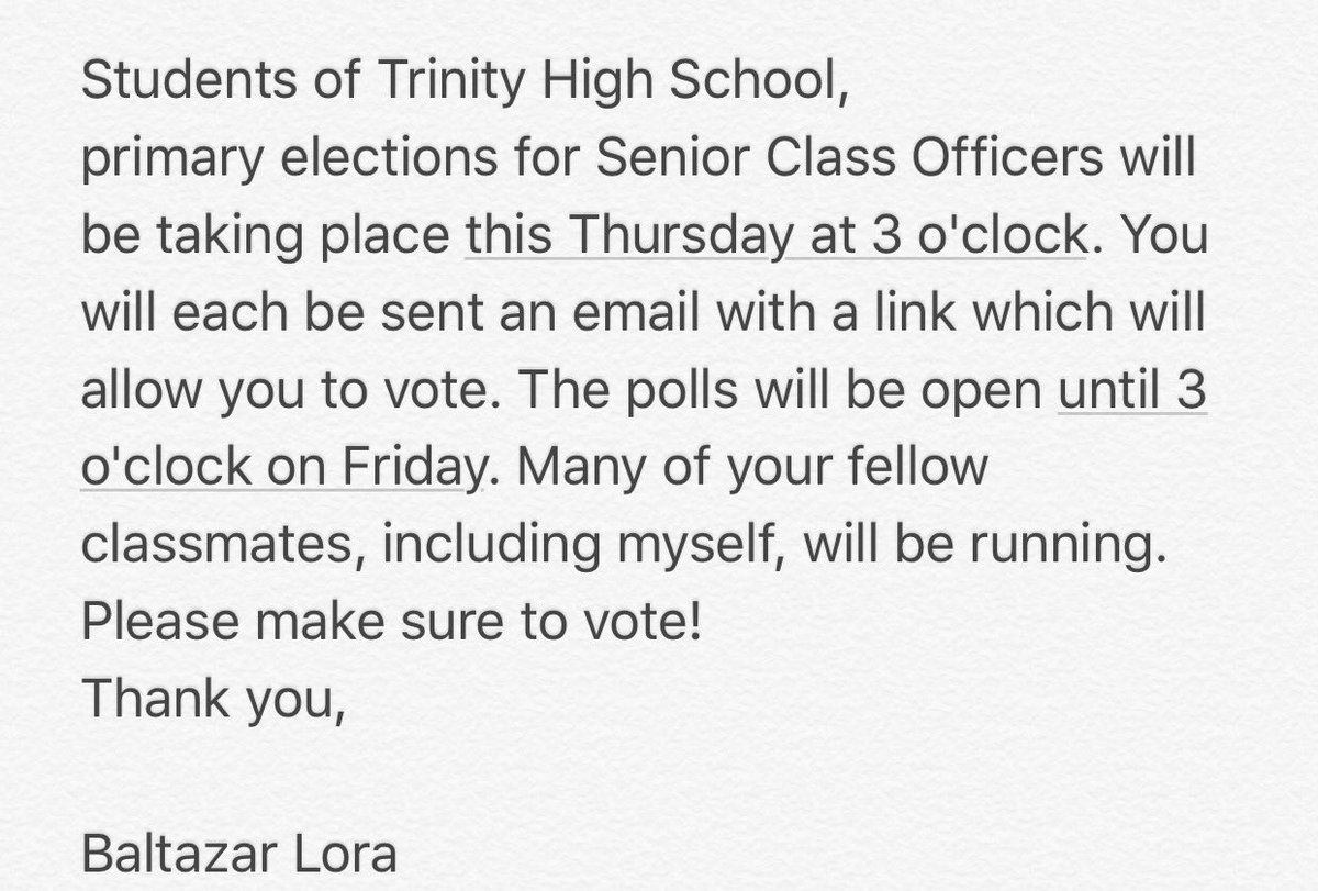 futbalta's tweet photo. Students of Trinity High School, make sure to vote for your Senior Class Officers this Thursday! https://t.co/1LICjBGjrC