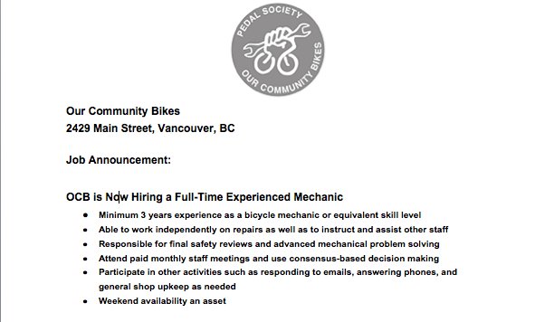 Know a radical wrench who wants to work for a cause?! Get them to email us their resume at info@pedalpower.org.