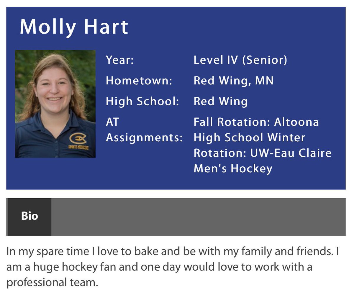 SATA_UWEC's tweet photo. Senior Spotlight: Molly Hart

Molly helps promote Athletic Training at UWEC, and always has positive attitude when helping student athletes! https://t.co/yZAuIdzJZm