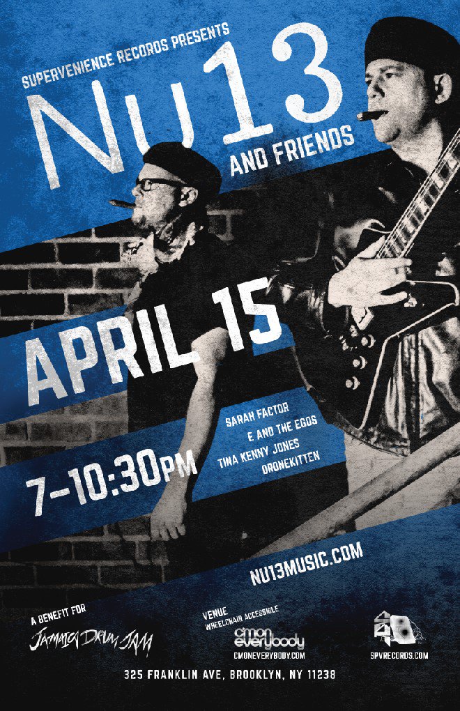 SupervenienceR's tweet photo. Make your plans now! #nu13 at C'mon Everybody in Brooklyn! Sat. April 15 https://t.co/YElE4DiUp7 #rebelmusic benefiting @JamaicaDrumJam https://t.co/A3LiioHDYp