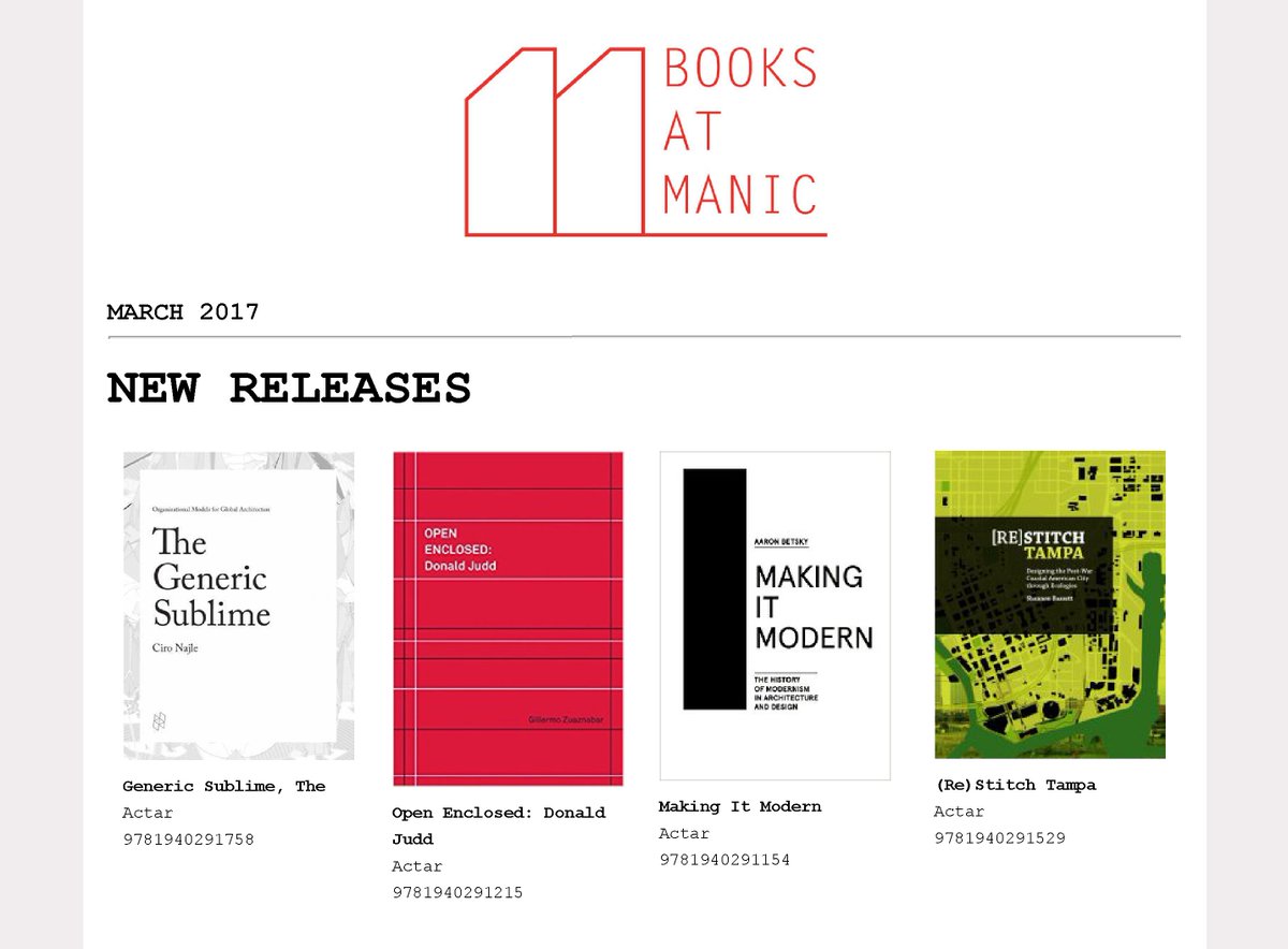 actar_publisher's tweet image. Some of this month&apos;s new releases! 
#TheGenericSublime #OpenEnclosed #DonaldJudd #MakingitModern #ReStitchTampa 
@BooksAtManic