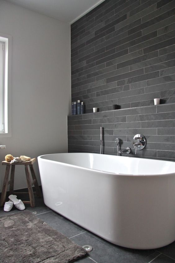 #HowTo Grey No.5: #Slate is an incredibly versatile material. Use it for a bathroom wall that is warm to the touch. #interiordesign