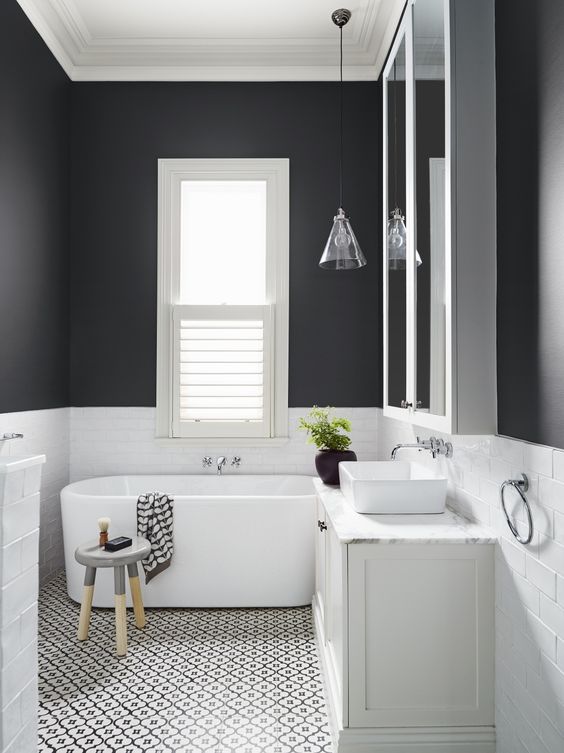 #HowTo Grey No.6: Break up a room by painting a dark charcoal band, and finish with white tiling and geometric patterned floors. #bathroom