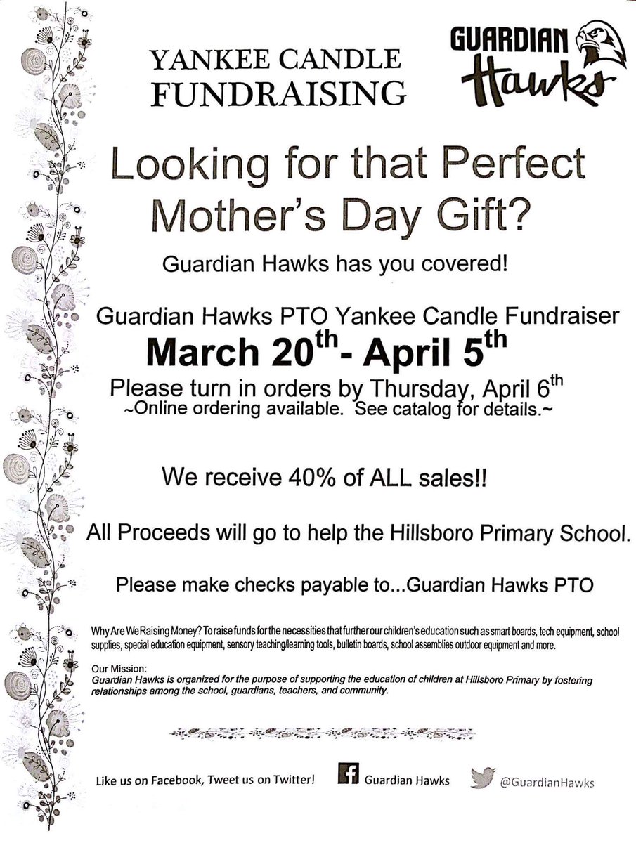 GuardianHawks's tweet photo. Guardian Hawks PTO Yankee Candle Fundraiser! 40% of ALL sales goes to help Hillsboro Primary School.
Thank you for supporting your school! https://t.co/bFW5U93ncc