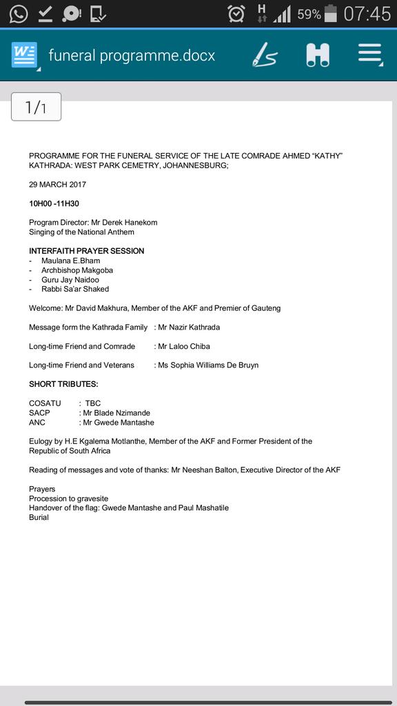 Attached is programme for Ahmed #Kathrada's funeral today, 10am Westpark Cemetery, Beyers Naude Drive, Jhb