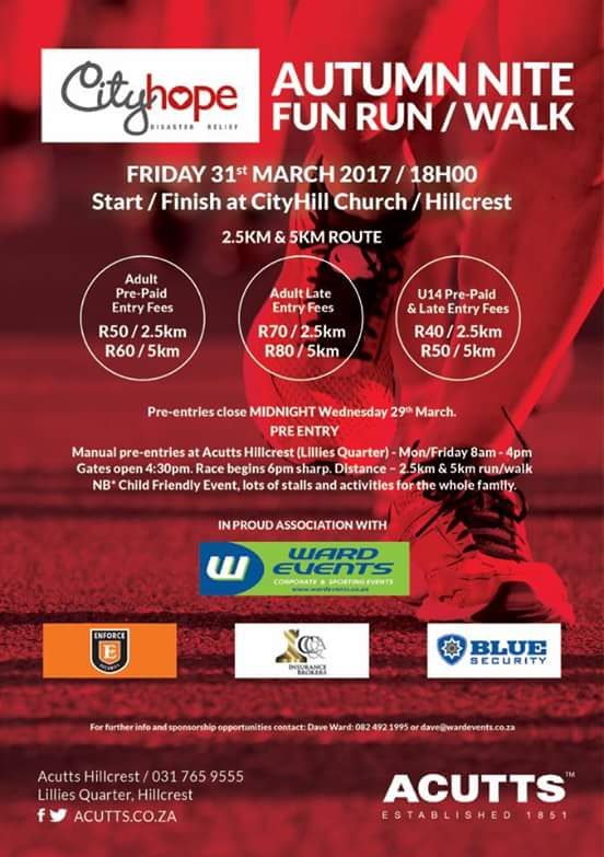 Ward_Events's tweet photo. Cityhope Disaster Fun Run/Walk Fri 31 March. Online entries https://t.co/WxLNDTBYvl or enter on the day at the CityHill Church in Hillcrest https://t.co/LGjbBS3VXw
