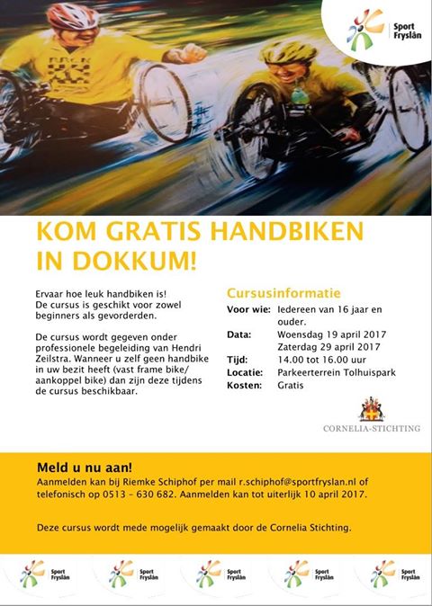 SportFryslan's tweet photo. Maak #gratis kennis met #handbiken! Op 19 en 29 april vinden de clinics van 14.00-16.00 uur plaats in #Dokkum. Tot dan! https://t.co/zUQVm4G5Pw