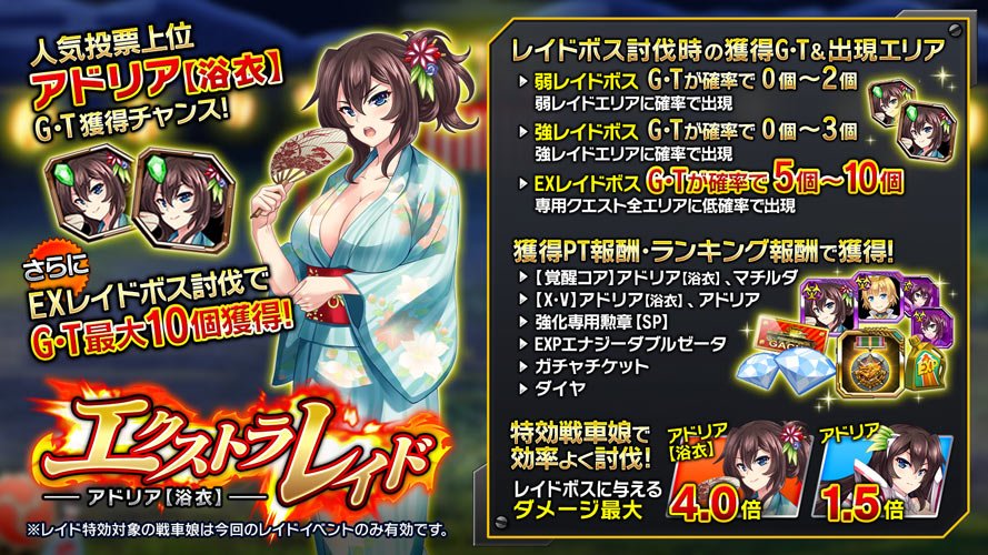 【エクストラレイド『アドリア【浴衣】』開催!】
【開催期間】
3/29(水) メンテナンス終了 ~ 4/28(金) 14:00
#チハたん