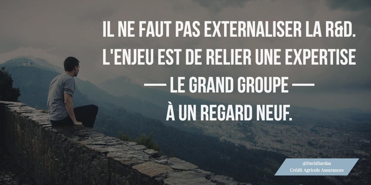 mattfblue's tweet photo. Il ne faut pas externaliser la R&amp;D. L'enjeu est de relier une expertise — le grand groupe — à un regard neuf. @DavidSardas @cercle_innov https://t.co/1m4IRfDSiF