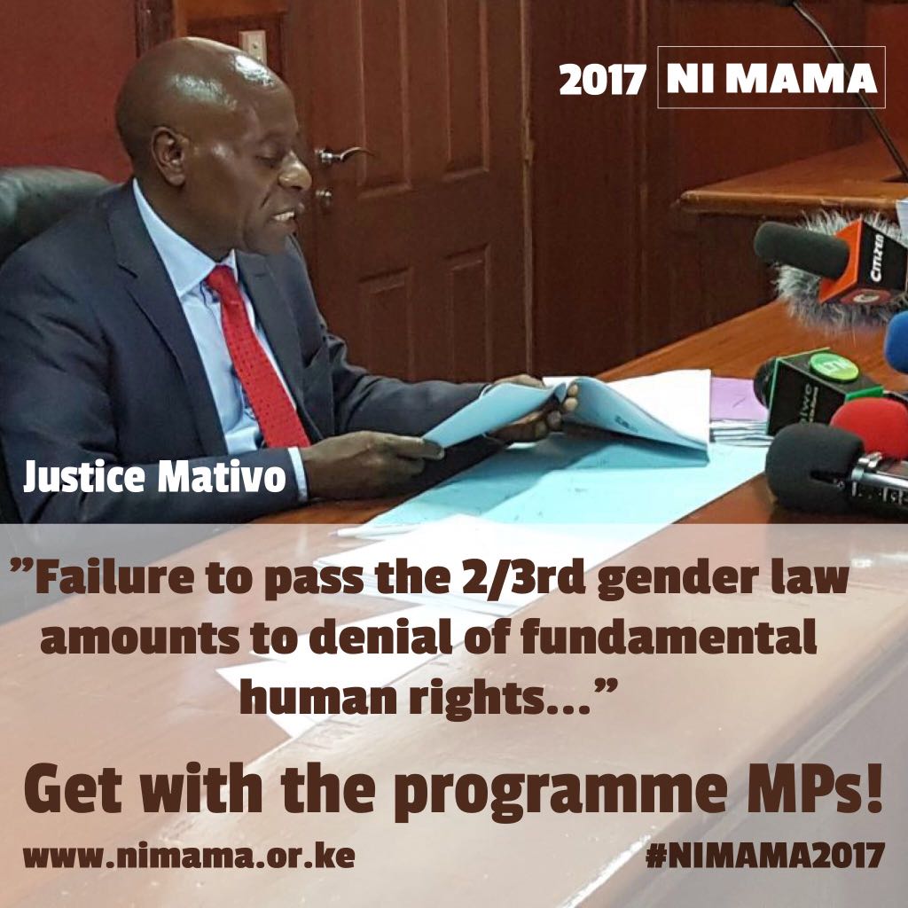 CREAWKenya's tweet photo. Justice mativo orders parliament to debate and implement the 2/3 gender rule within 60 days from today #2/3genderuleKE #Nimama2017 https://t.co/m4N10VJpNE