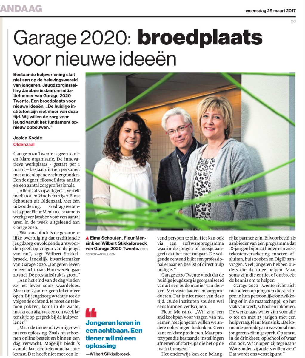 Vandaag in <a href="/Tubantia/">Tubantia</a> een interview over <a href="/Garage2020/">Garage2020</a> in Twente namens het team en <a href="/jarabee/">Jarabee</a> als initiatiefnemer. #jeugdhulp #innovatie
