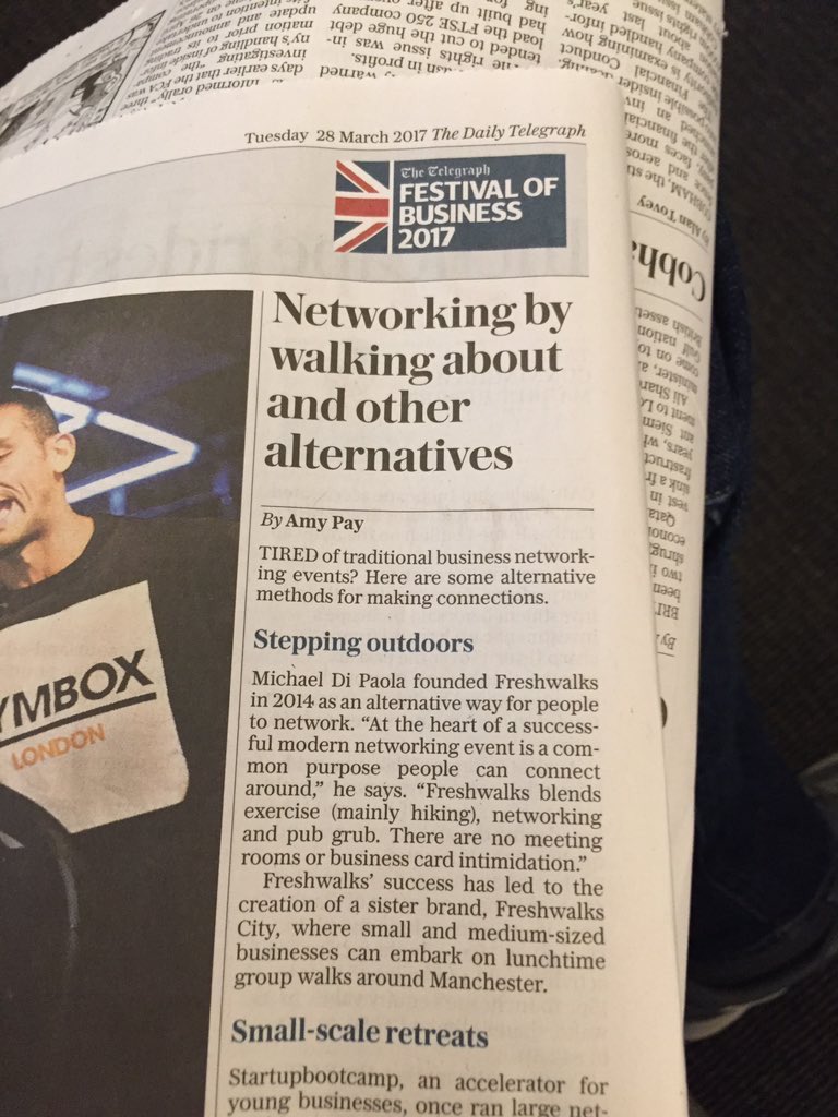 MichaelDiPaola's tweet photo. *Networking by walking about and other alternatives.* in yesterday's @Telegraph - thank you @YayAmyPay for including @freshwalks https://t.co/aK9XvosYYM