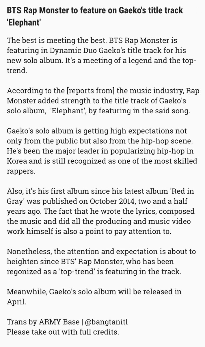 shinebrightRM's tweet photo. #BTS Rap Monster to feature on Gaeko's title track 'Elephant.'
https://t.co/2BHeMsvNsS by #RAPMON_PH via @c0nvey https://t.co/hAFH1HV3wG