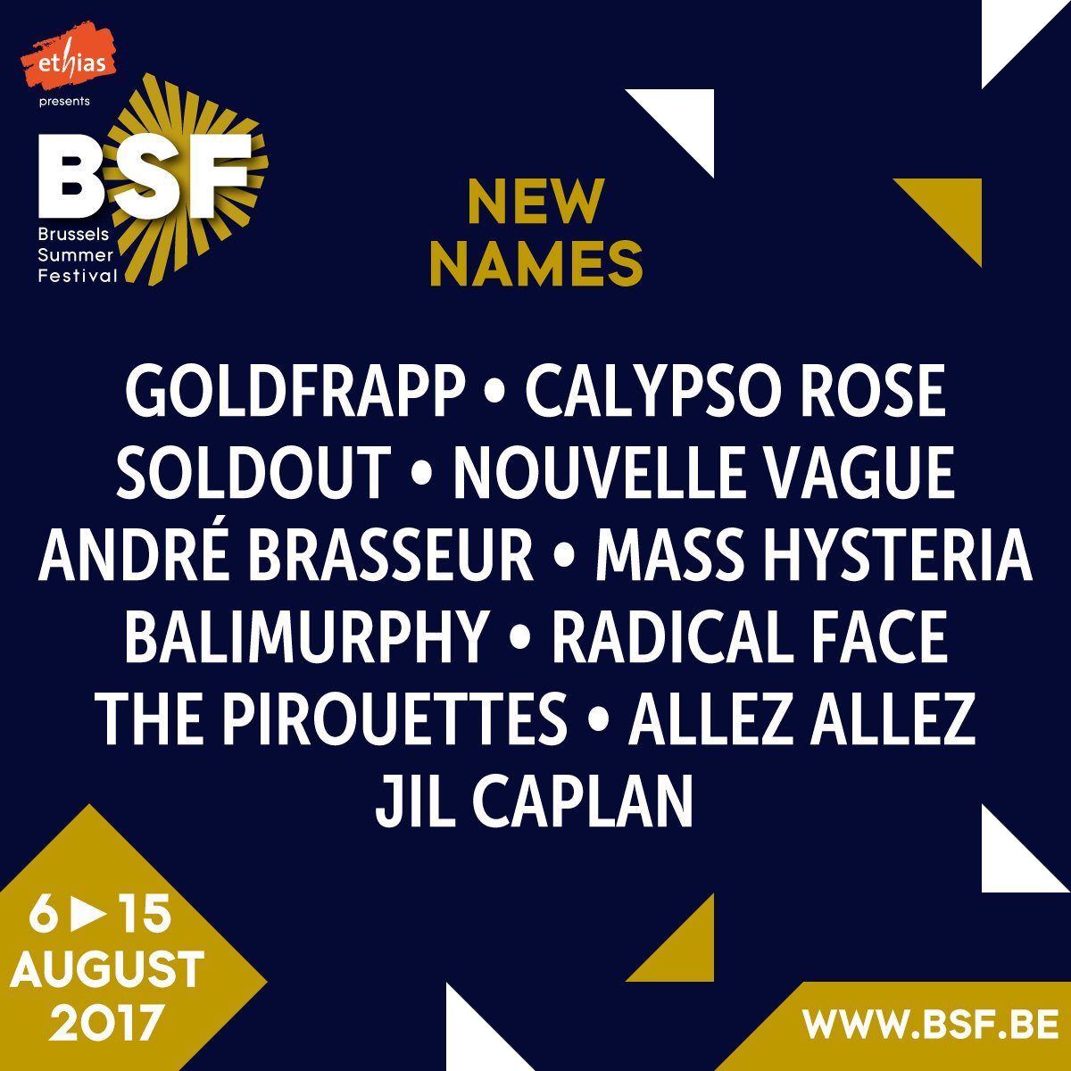 11 more acts confirmed for BSF !! @Goldfrapp, Calipso Rose, @wearesoldout, <a href="/nouvellesvagues/">.</a>, <a href="/Mass_Hysteria_/">Mass Hysteria</a>, <a href="/balimurphy_be/">BaliMurphy</a> &amp; more ! #BRUSF