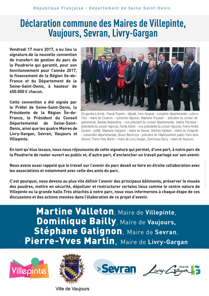 Gatignon_Steph's tweet photo. Une étape décisive pour le Parc de la Poudrerie : nous avons signé la nouvelle convention qui assure l'ouverture du Parc au public ! #Sevran https://t.co/TQOi1G12MO