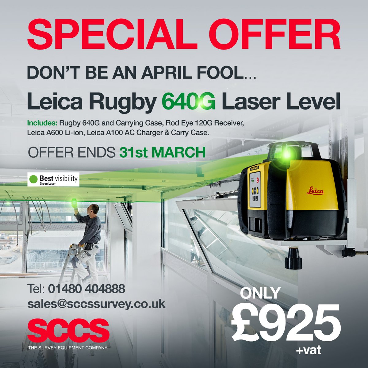 SCCSSURVEY's tweet photo. Don’t be an April Fool… Special Offer: Leica Rugby 640G only £925. Offer ends 31st. https://t.co/ep8fAicSP9  #rotatinglaser #LeicaGeosystems https://t.co/OVGjNhgRyS