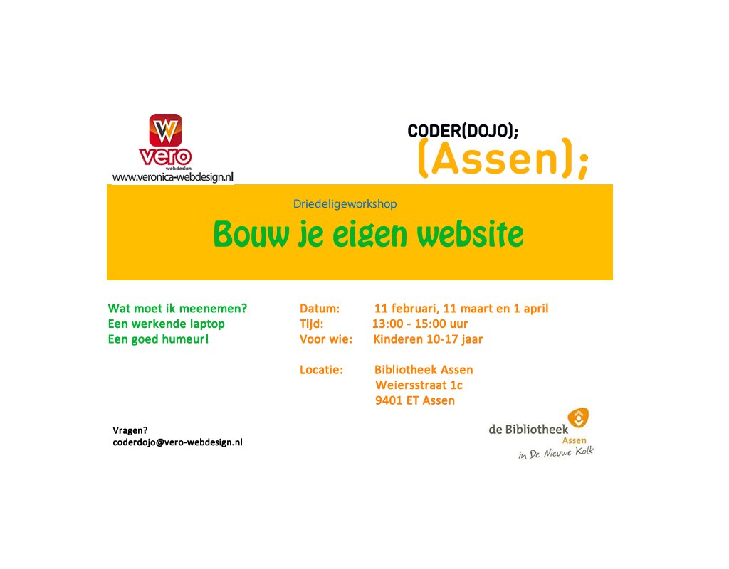 CoderdojoAssen's tweet image. De 8e Editie van #CoderdojoAssen vindt plaats op zaterdag 1 april 2017 om 13:00 uur in de @biebAssen. &quot;Bouw je eigen website - deel3&quot;