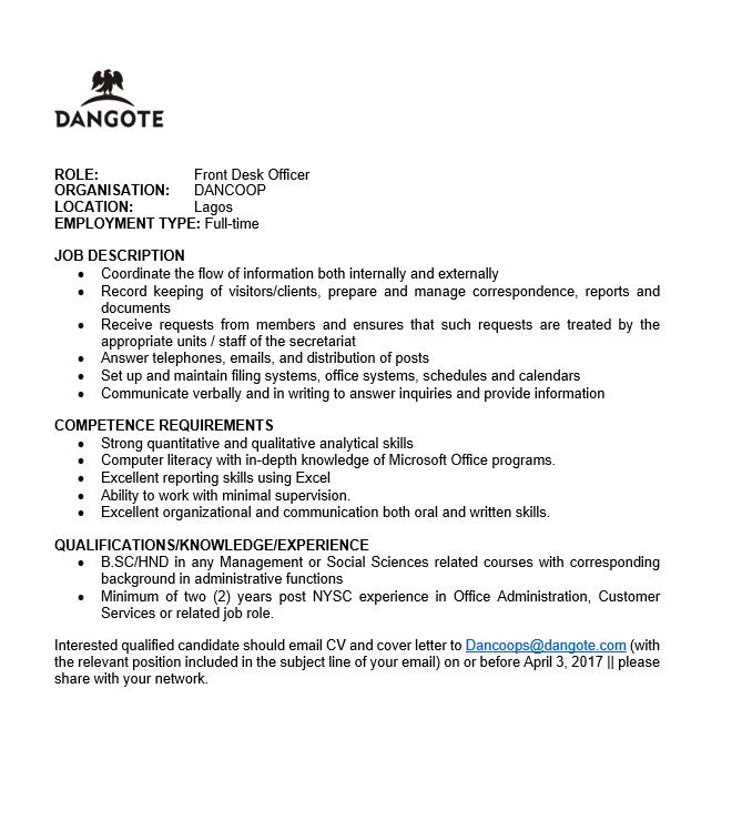 Dangote Group On Twitter We Are Hiring Role Front Desk