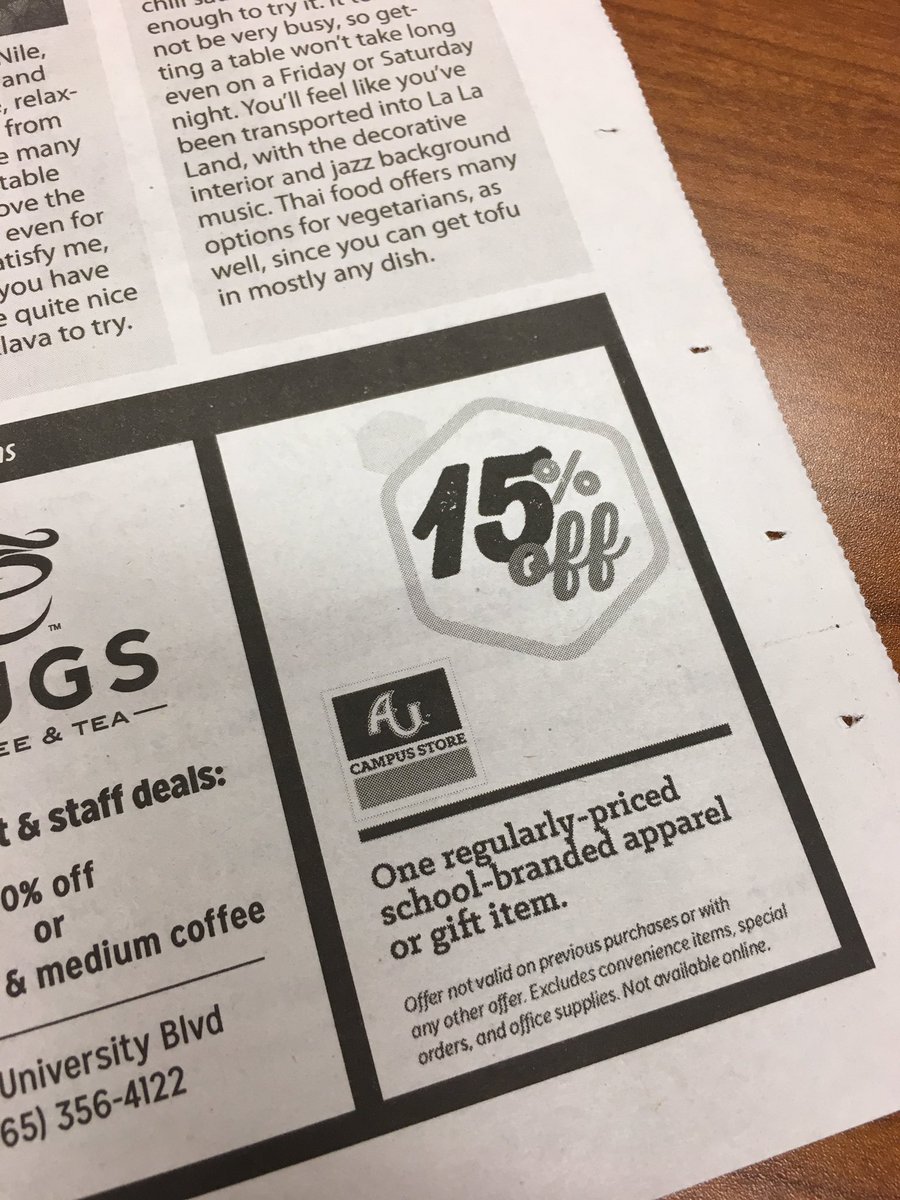 AUbusaux's tweet photo. Pick up the latest @andersonian and clip this coupon for the @AU_CampusStore! #AUgear #AUspirit https://t.co/ZVXcwOFycg
