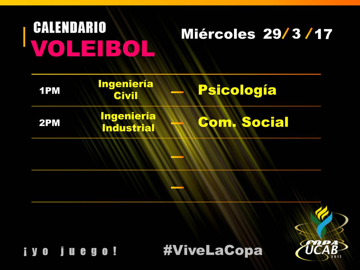 DeportesUcab's tweet photo. Estos son los partidos programados para hoy. Sube con tus amigos y apoya a tus compañeros ¡Vive la #CopaUCAB! https://t.co/f9adEHIiVe