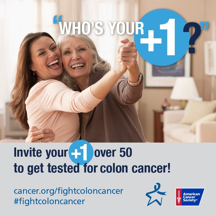 #WednesdayWisdom Invite your +1 over 50 to get screened for #coloncancer! Cancer.org/colon #fightcrc #80by2018 #crcawareness