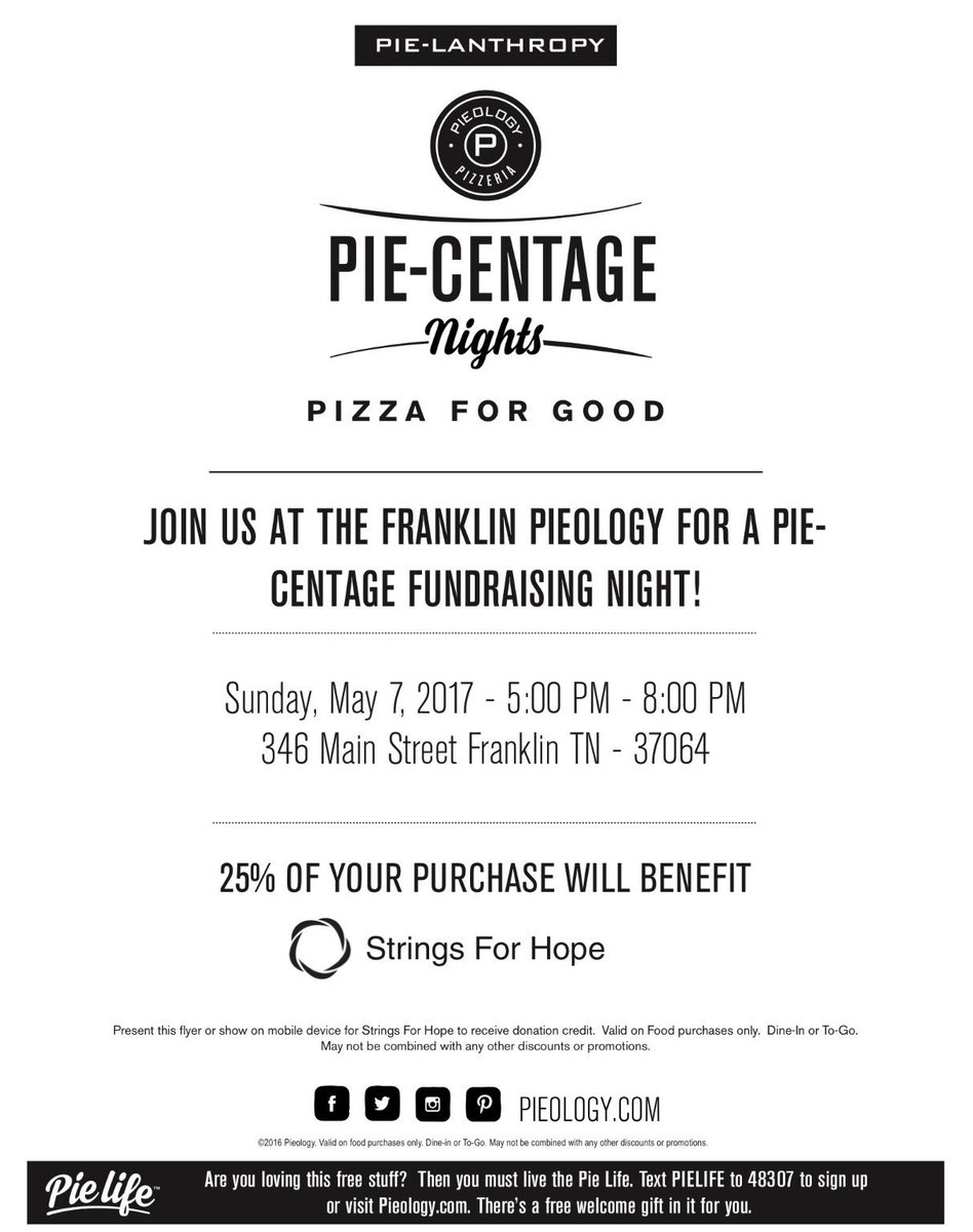 stringsforhope's tweet photo. Who doesn't love pizza?!?! 😉😊🍕🍕 We would LOVE for y'all to come! #FollowTheStrings #StringsForHope #Pieology #FranklinTN @pieology https://t.co/hHiTsXoHJw