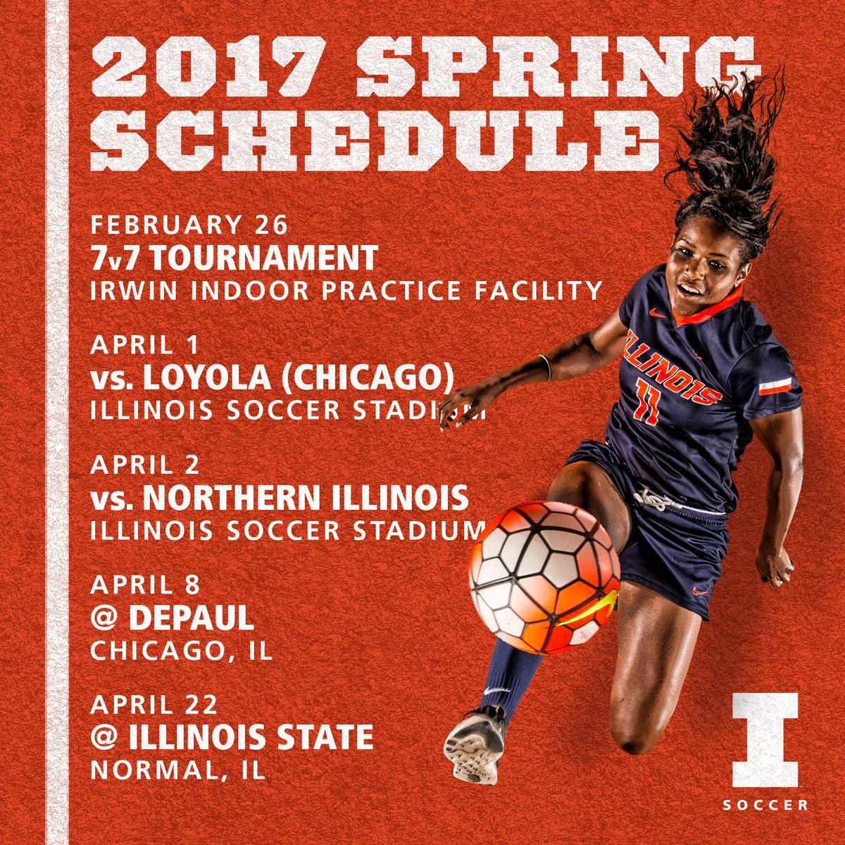 IlliniSoccer's tweet photo. The spring schedule kicks off this weekend! 

The #Illini host both Loyola and Northern Illinois, stop by and preview the 2017 squad! https://t.co/oa7fPdRiJS