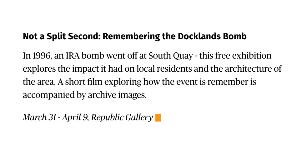 RepublicLDN's tweet photo. ‘Not a Split Second: Remembering the Docklands Bomb’ which opens @RepublicLDN on FRI is @ESgoingout's Pick of the Wk https://t.co/1z2AXzD5T2 https://t.co/UE6LyEXDVz