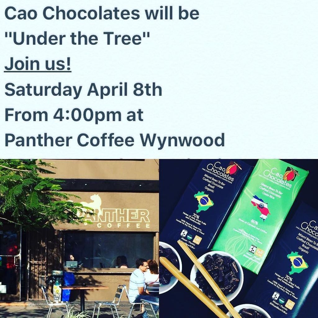 caochocolates's tweet photo. Mark your calendars!!!
Cao Chocolates will be "Under the Tree" at @panthercoffee during Wynwood Art Walk.
Join us and get your #MiamiBeanto… https://t.co/6sLLk6ID4G
