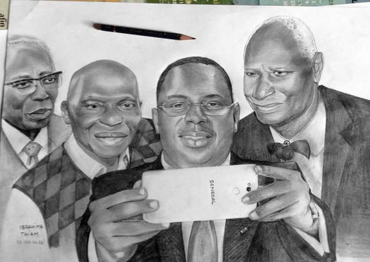 mashanubian's tweet photo. Love drawing. Curled from @senegal7com .Presi Sall holds Android branded Senegal, taking selfie w/Presi Senghor Diouf Wade #kebetu https://t.co/qXAsx8MC20