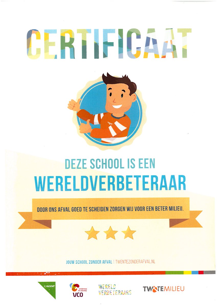 Deze school is een wereldverbeteraar, geweldig! We hebben zelfs een certificaat gekregen. #afvalscheiden #twentemilieu #wereldverbeteraars
