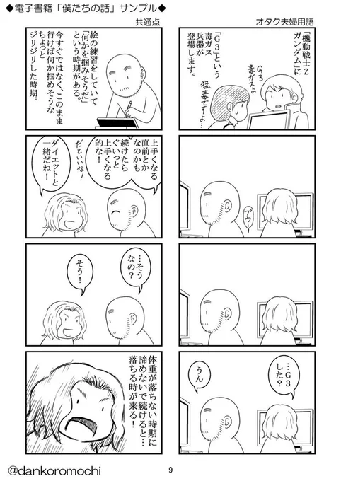 夫婦でのオタク会話は日々いろいろしています。
以前描いたものではこんなのも。
電子書籍「僕たちの話（）」のサンプルより。 