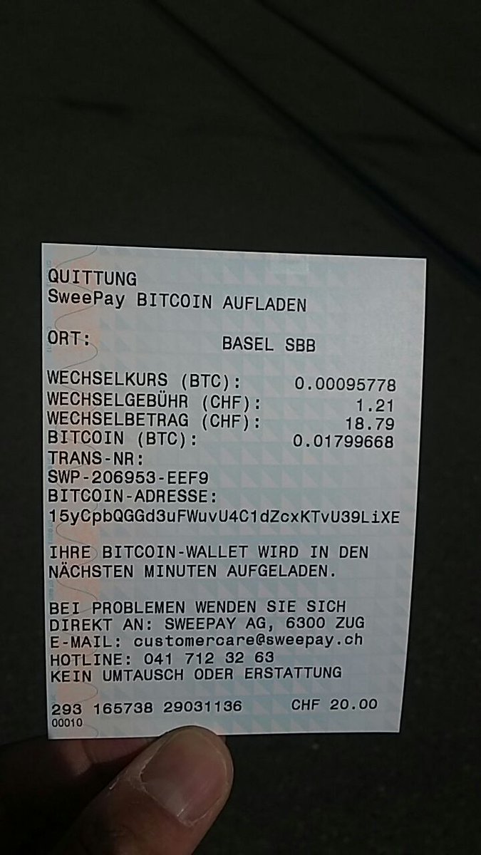 1st time in life experience with an @Bitcoin #ATM by @SweePay_ltd & #SBB -  quite high fees but works fine & very fast #blockchain #bitcoin