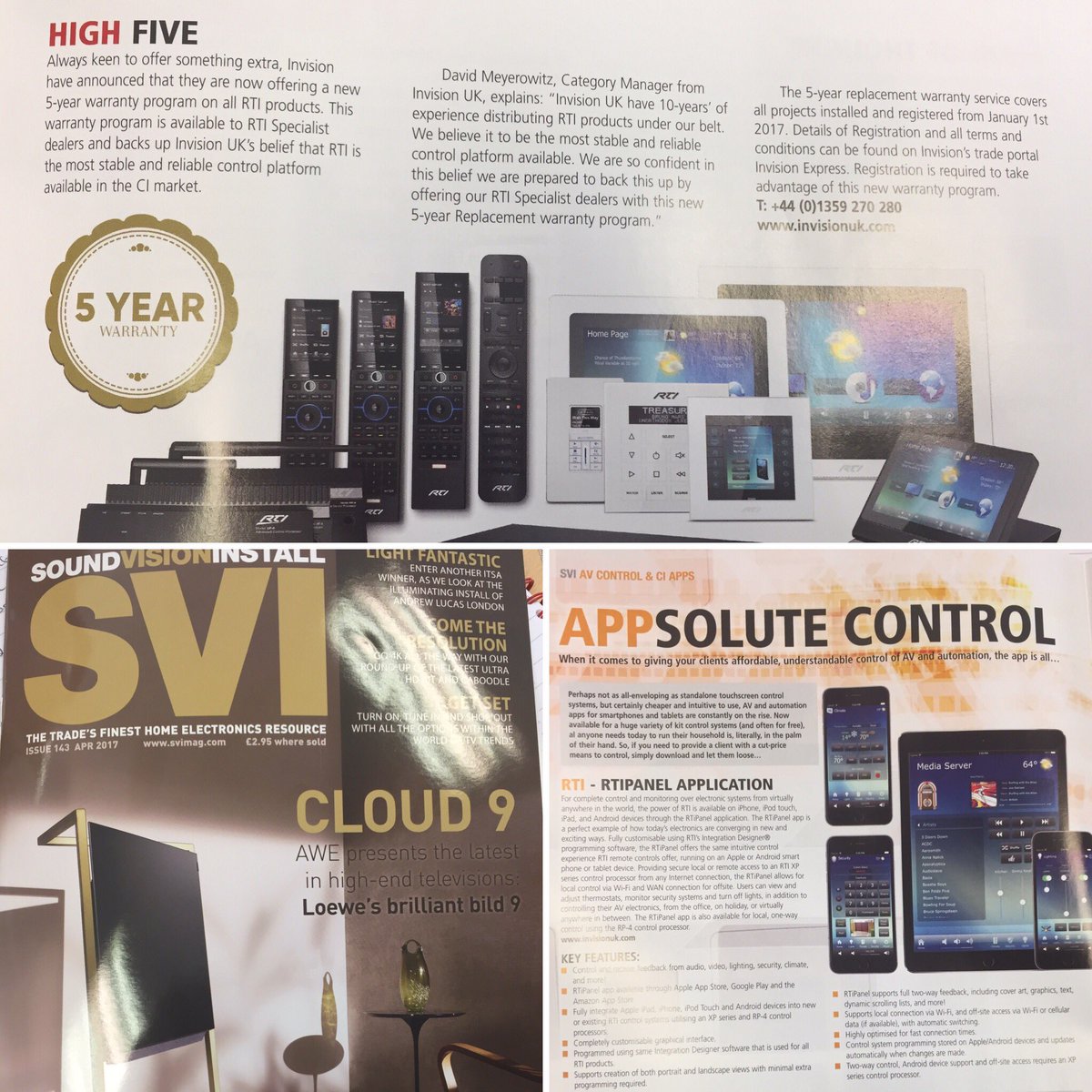 DavidMeyerowitz's tweet photo. Fantastic coverage in this months @svimag on the 5 year Warranty and App control from @RTICorp. @Invision_UK https://t.co/8R8HWIMo0G