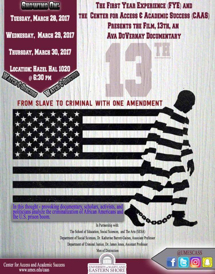 SashaCousins's tweet photo. Come join us tonight for our 2nd showing of 13th. Discussion led by Dr. James Jones #UMES #BLACKlivesmatter #UMESCAAS #FYE #13TH #GREATminds https://t.co/RnAPyUZdmf