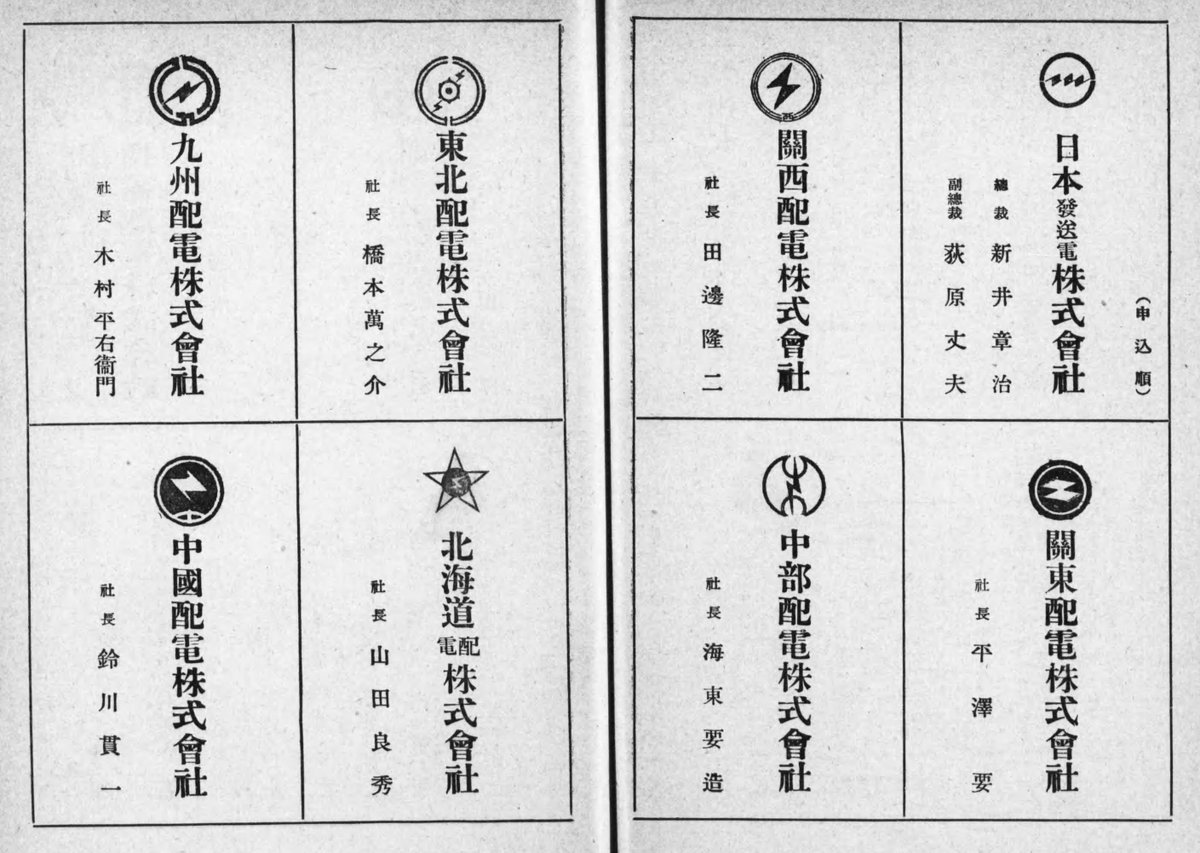 戦前に統合・統制された日本発送電と九配電会社の社章 - 電気職制年鑑