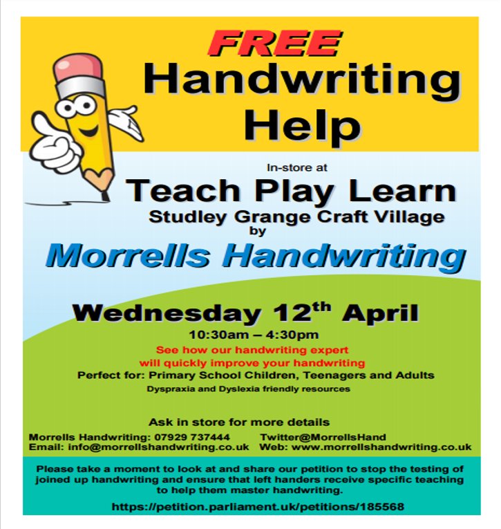 MorrellsHand's tweet photo. Are you concerned about your child’s #handwriting ?Stop by our #workshop at @teach_primary @studleygrange next month, where we can help https://t.co/FTyo6pePPL