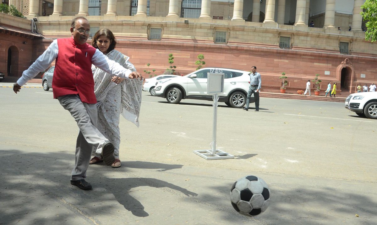 VijayGoelBJP's tweet photo. Some more pictures from the mass #football distribution prog for MPs in Parliament to promote #FIFAU17WC,#Mission11Million & #sports culture https://t.co/gGKvErm4Yq
