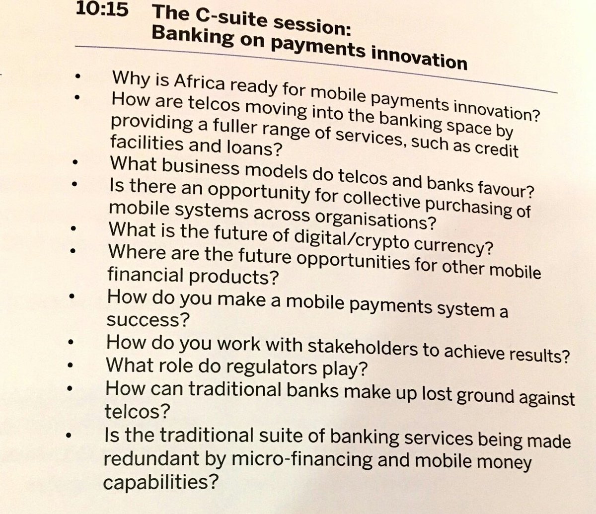 iseroney's tweet photo. This is the discussion happening at #FTAfricaPayments. Is there anything missing @east_pesa? #Fintech #Payments #blockchain https://t.co/bSaWJNjL9W