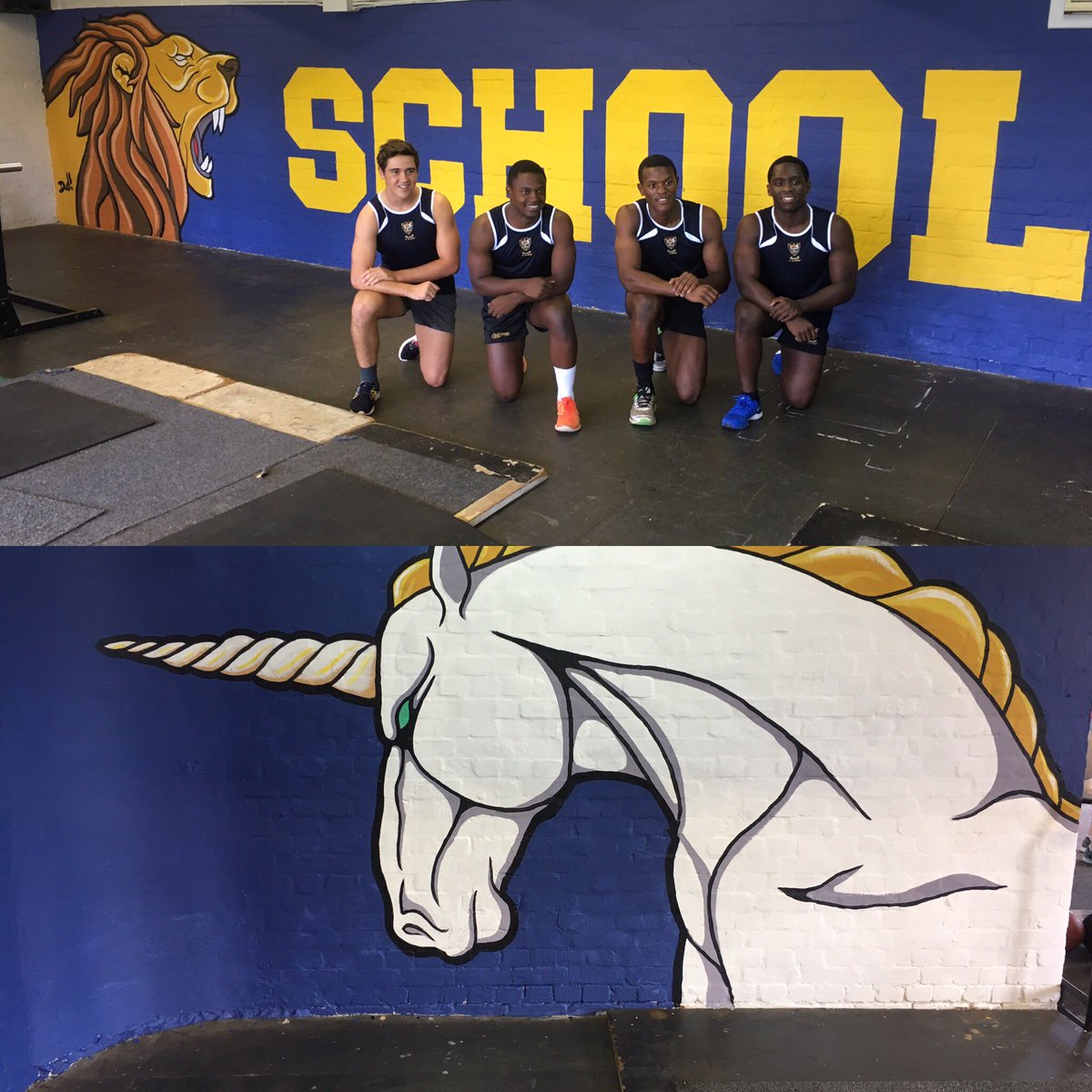 Amazing new mural in the @DurbanHighDHS DMG gym! Massive thanks to Old Boy <a href="/DustedInk/">Dud</a> for his quality work! #school