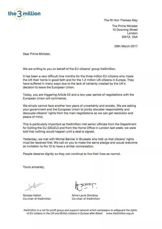 the3million's tweet photo. Our letter sent to @theresa_may about the #Article50. We cannot face another 2 years of uncertainty/anxiety, we're #EUcitizen and #UKisHome https://t.co/zIszyu8uui