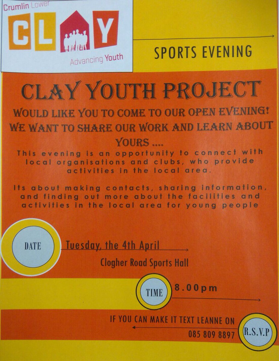 ClayYthProj's tweet photo. Sports bodies, come to our networking event on Tues, April 4 at 8pm in Clogher Road Sports Hall Crumlin! Details below! Everyone's a winner! https://t.co/LWSa3l4OEC