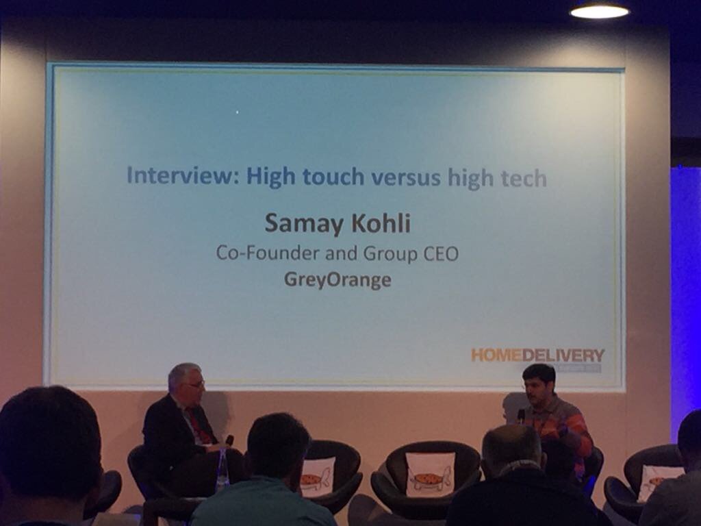 GoGreyOrange's tweet photo. "Do not underestimate the #Software in #automation ," @SamayKohli in an interview with Peter Ward, CEO,@UKWarehouse #HomeDeliveryConf https://t.co/OxJwM57kas